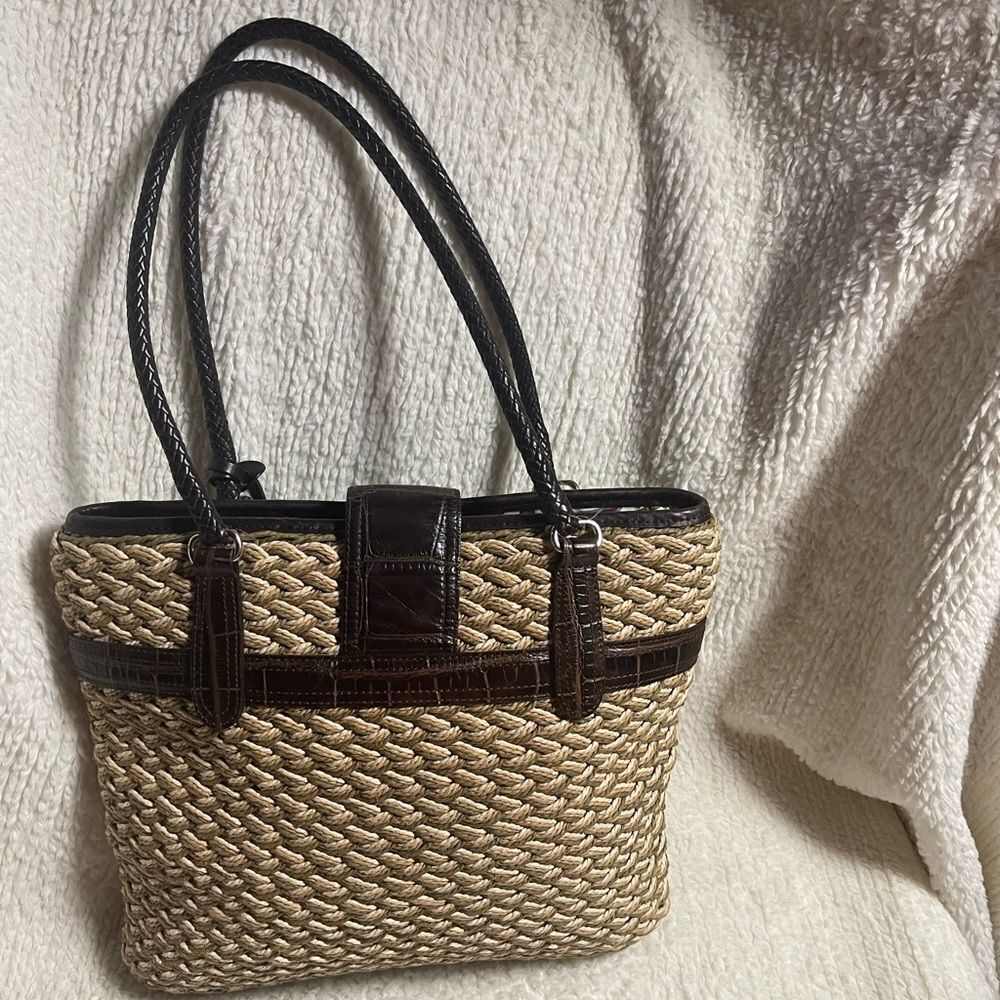 Brighton Woven Tri Color Straw tote bag, brown leather straps & trims . - Picture 7 of 13